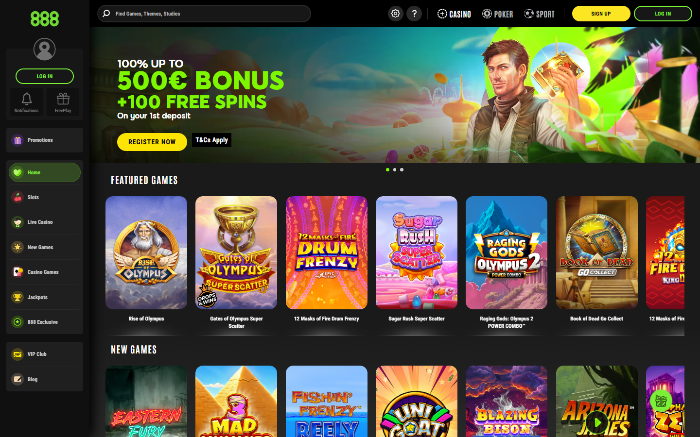 Screenshot of the 888 Casino homepage