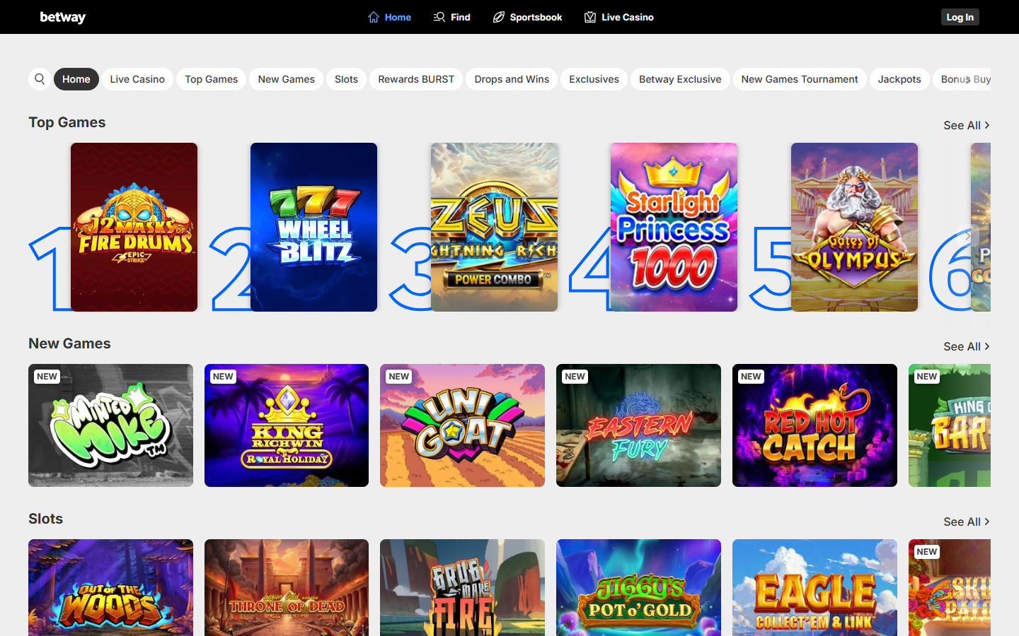 Screenshot of the Betway Casino homepage