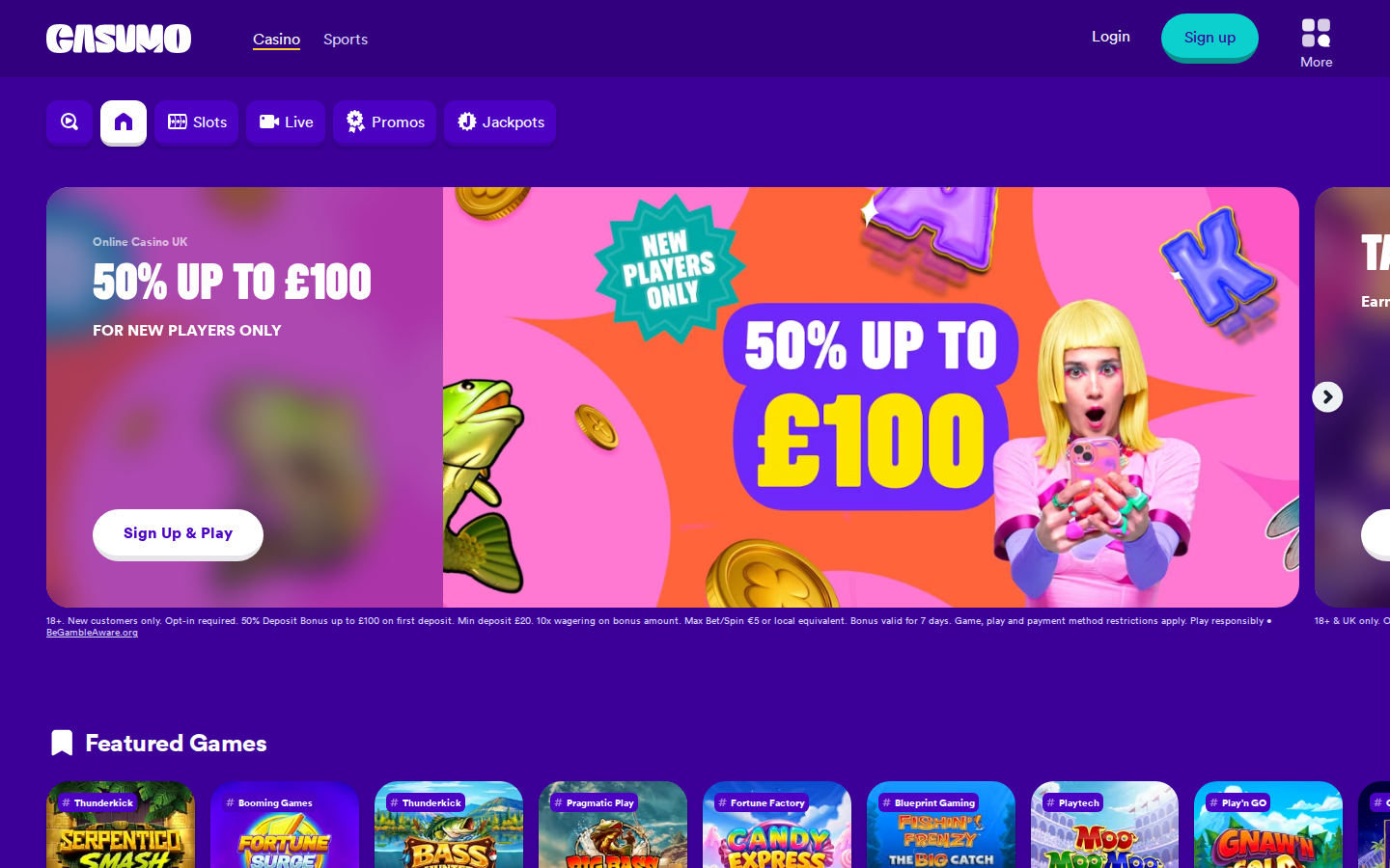 Screenshot of the Casumo homepage