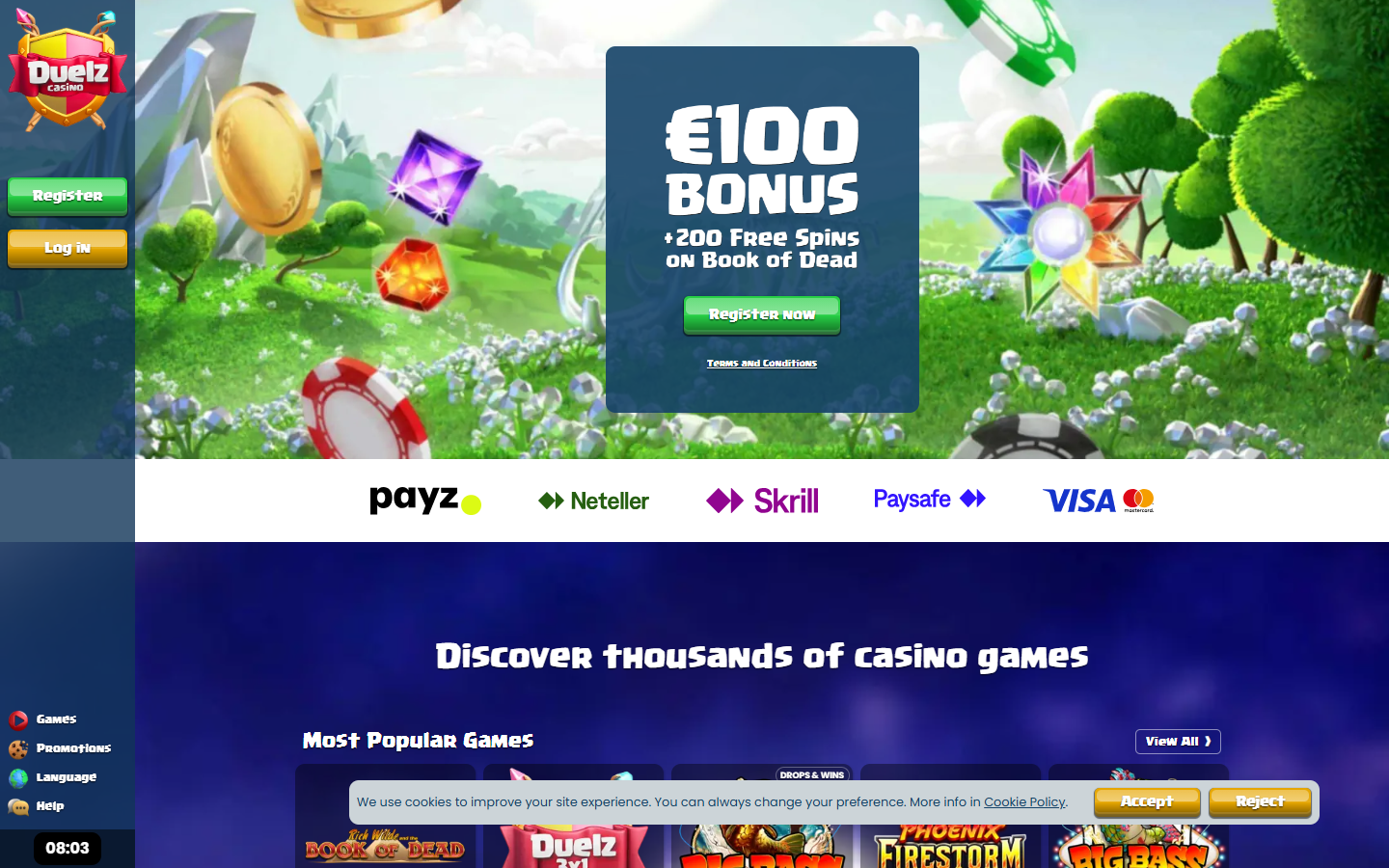 Screenshot of the Duelz homepage