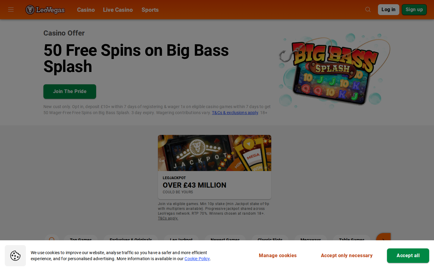 Screenshot of the LeoVegas homepage