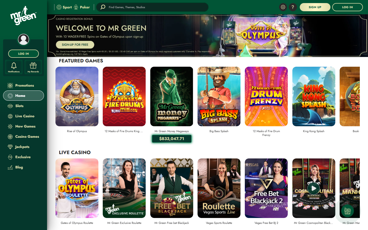 Screenshot of the Mr Green homepage