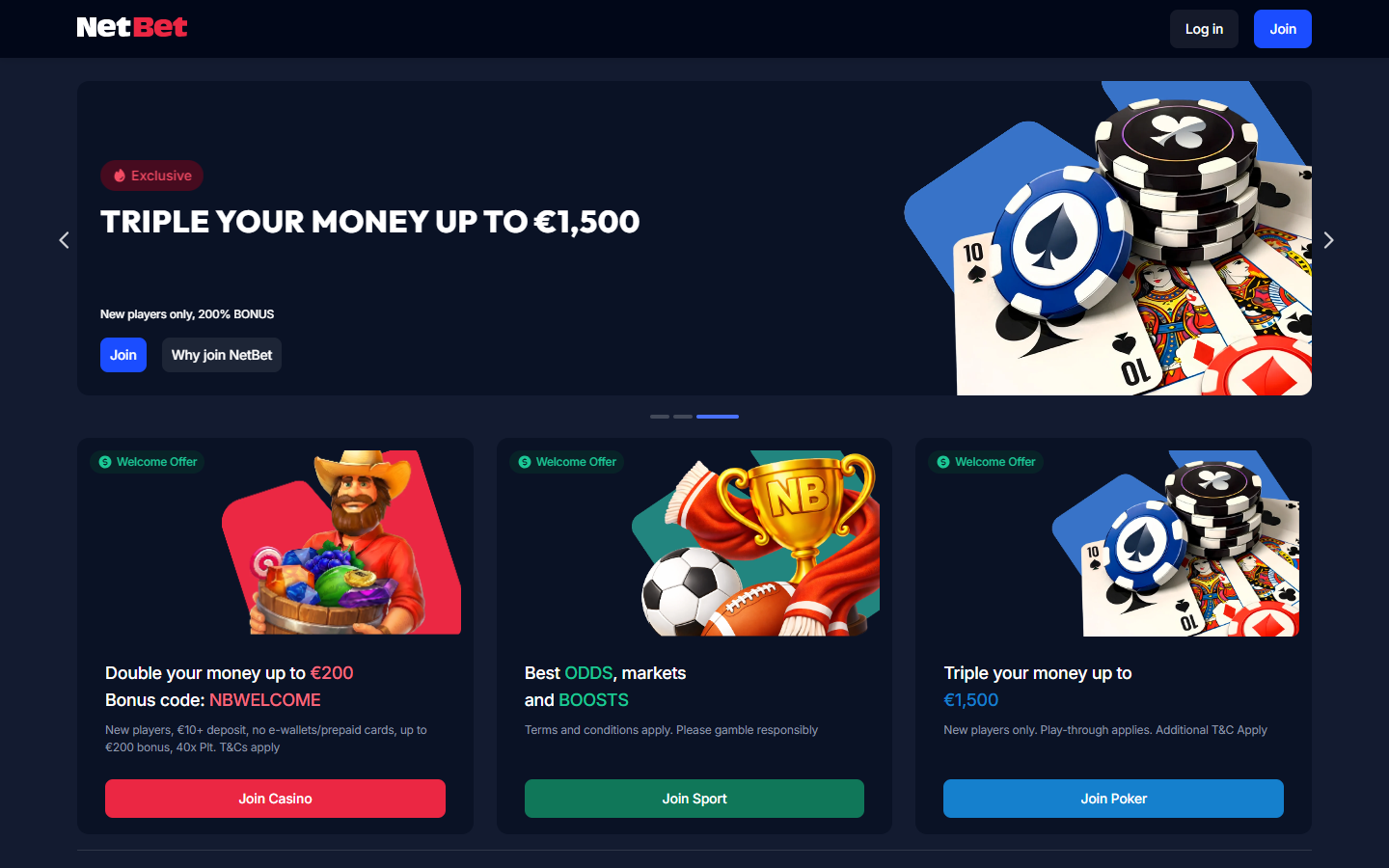 Screenshot of the NetBet Casino homepage
