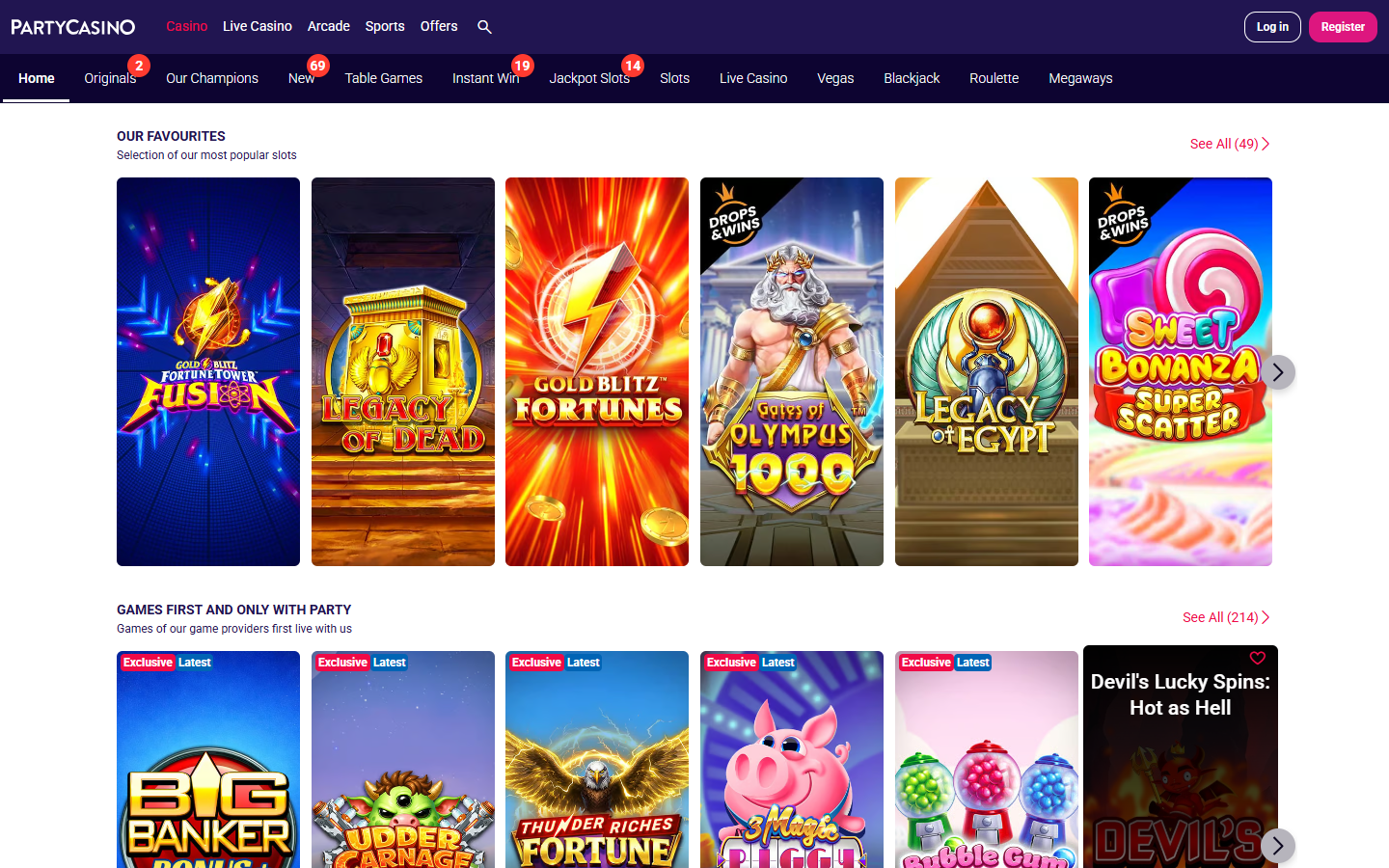 Screenshot of the PartyCasino homepage