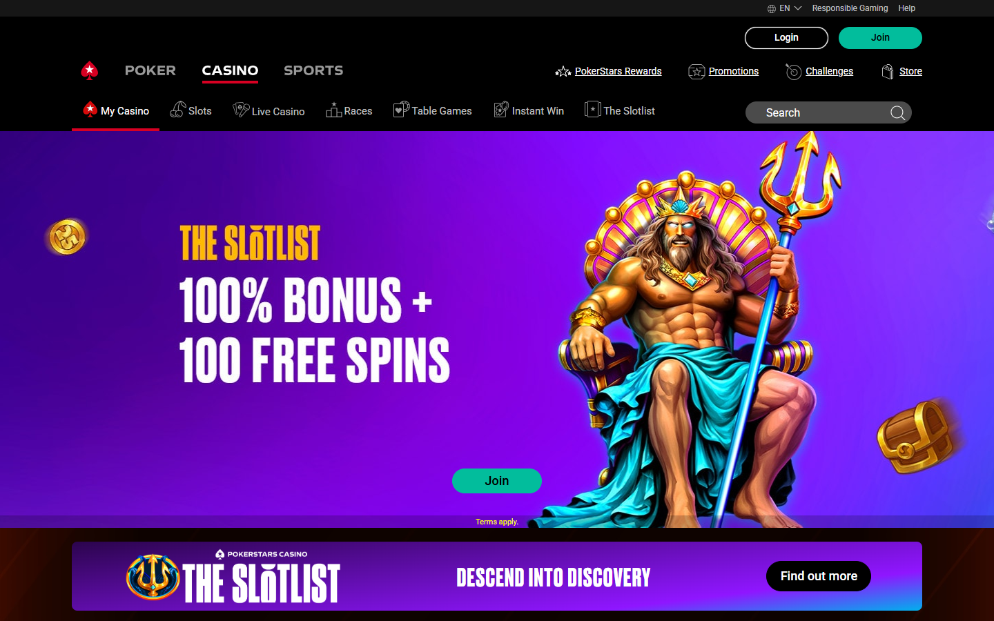 Screenshot of the PokerStars Casino homepage