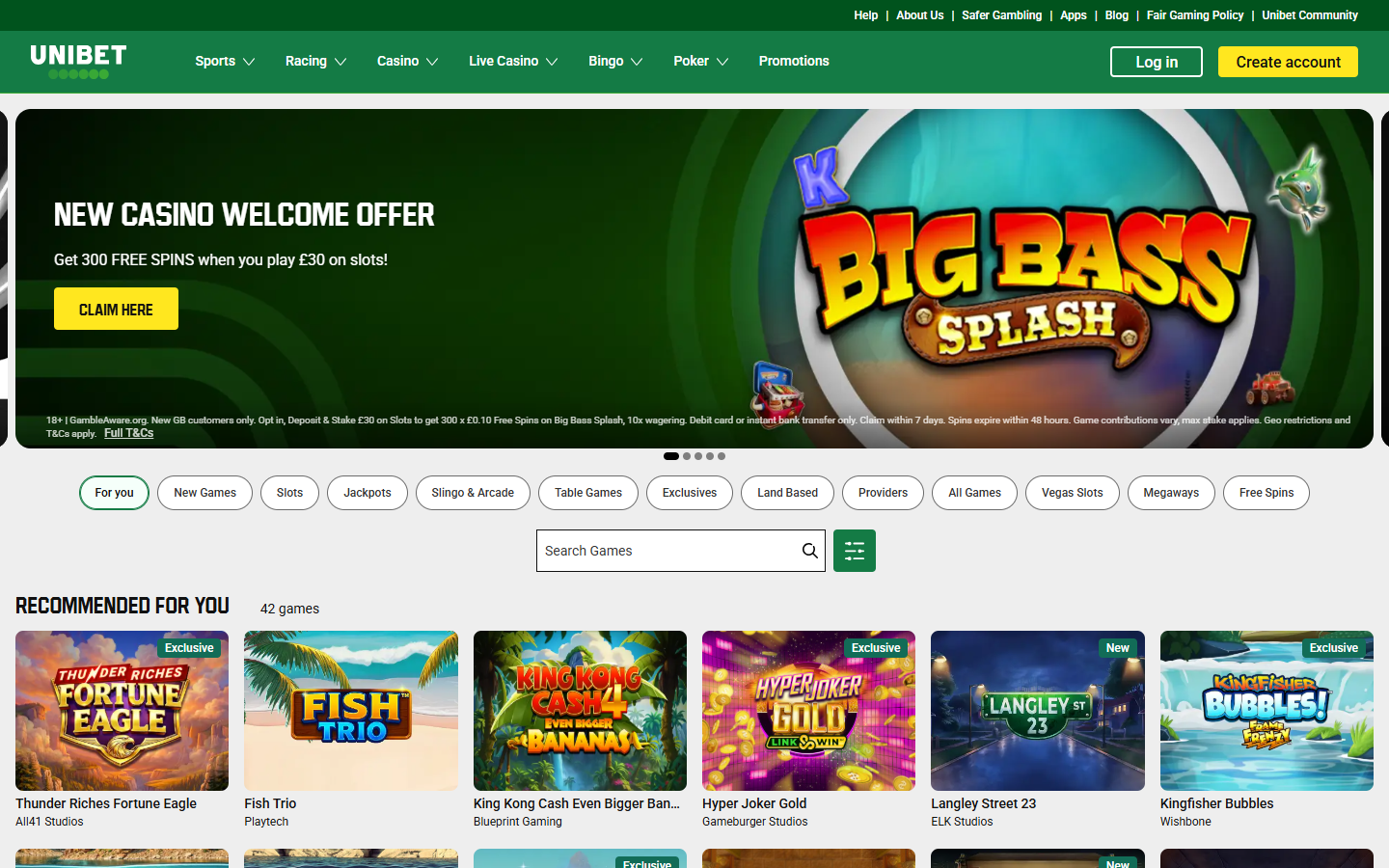 Screenshot of the Unibet homepage