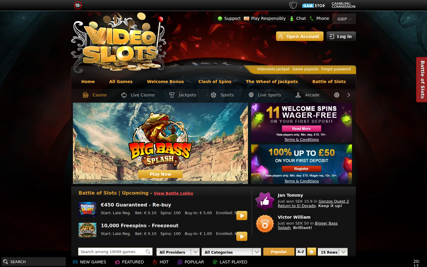 Screenshot of the Videoslots homepage
